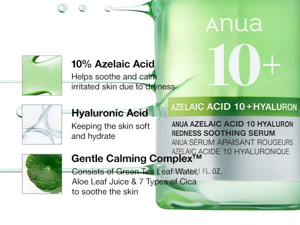 ANUA – Sérum Calmante con Ácido Azelaico 10% + Ácido Hialurónico – Reducción de Rojeces e Imperfecciones (30ml)