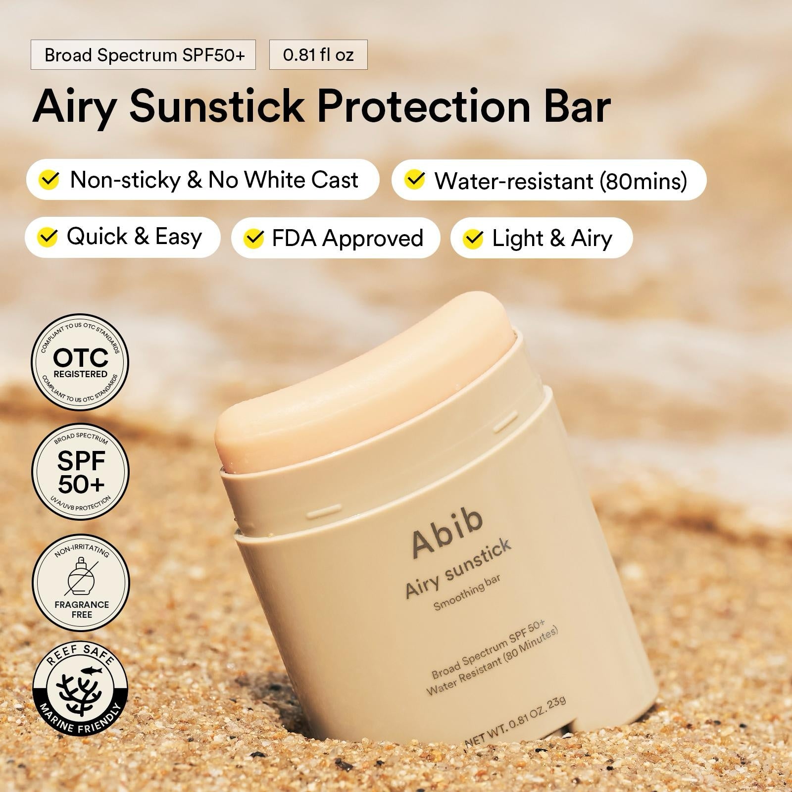 Abib – Airy Sunstick Smoothing Bar SPF50+ PA++++ – Protector Solar en Barra con Acabado Mate para Rostro y Cuerpo