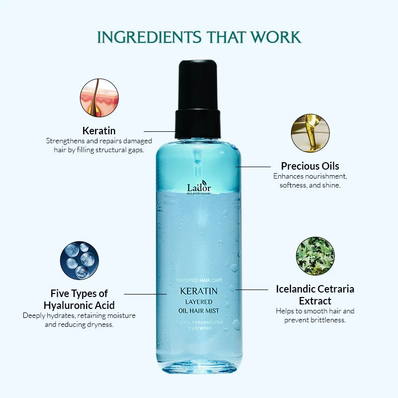 Lador – Keratin Layered Oil Hair Mist – Bruma Capilar con Queratina y Aceites Nutritivos