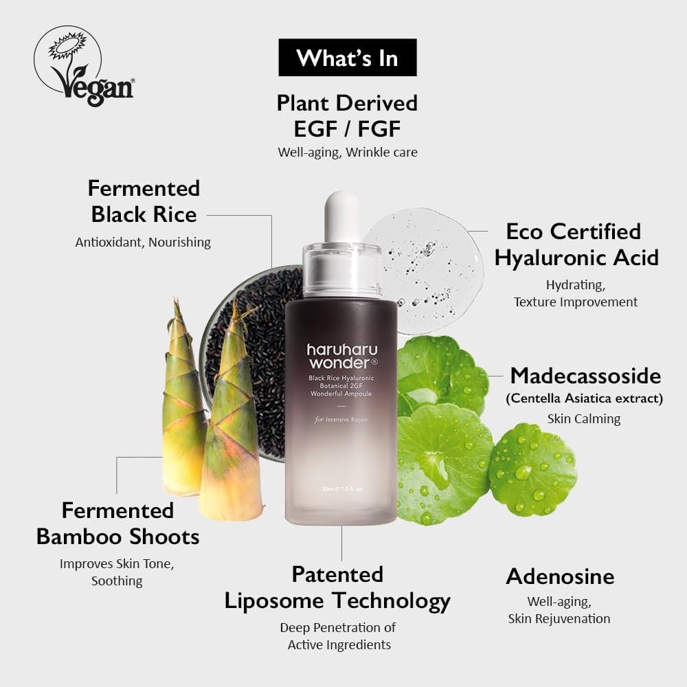Haruharu Wonder – Black Rice Botanical 2GF Ampoule 30 ml – Sérum Facial Antiarrugas con EGF, Antiedad y Cruelty Free