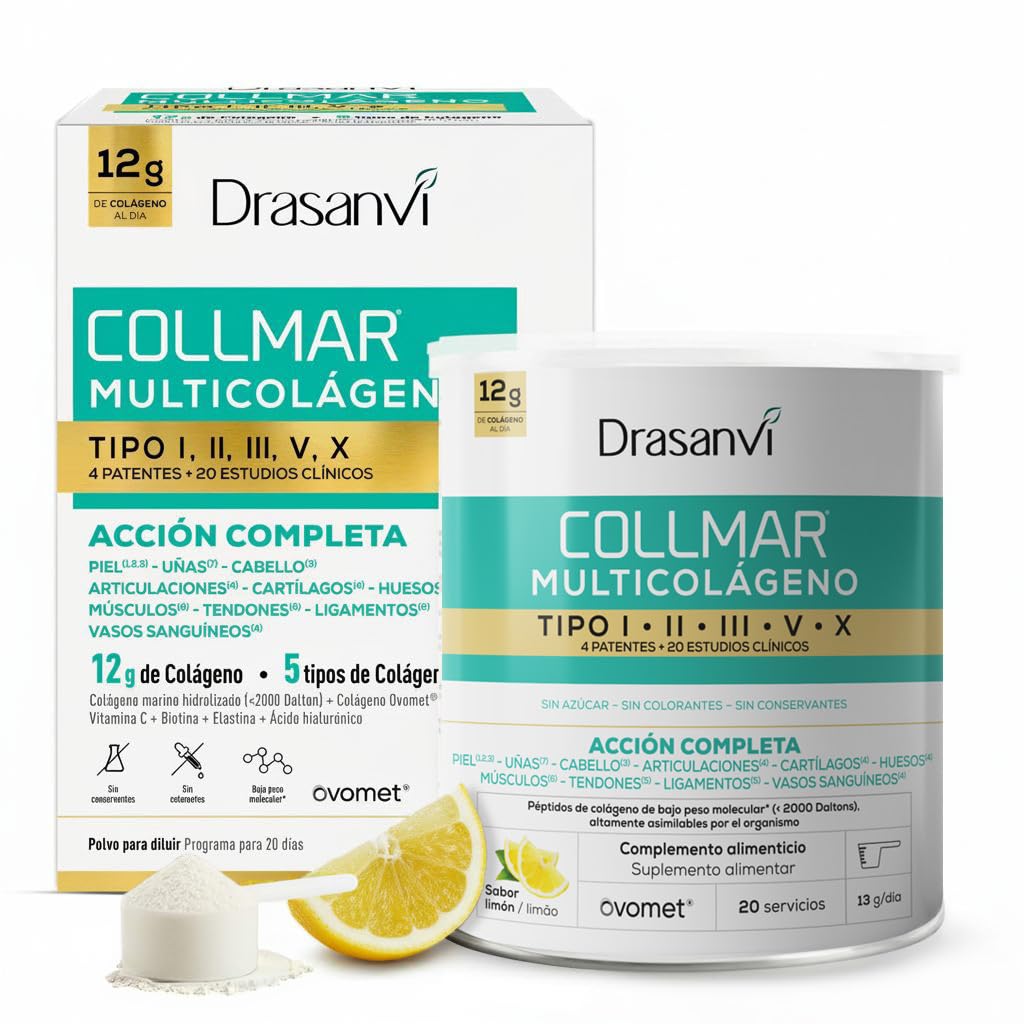 Drasanvi Collmar Multicolágeno Tipos I, II, III, V y X – 260g – Colágeno Marino Hidrolizado con Vitamina C, Biotina, Elastina y Ácido Hialurónico