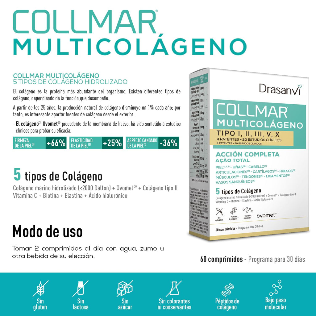 Drasanvi Collmar Multicolágeno Tipos I, II, III, V y X – 260g – Colágeno Marino Hidrolizado con Vitamina C, Biotina, Elastina y Ácido Hialurónico