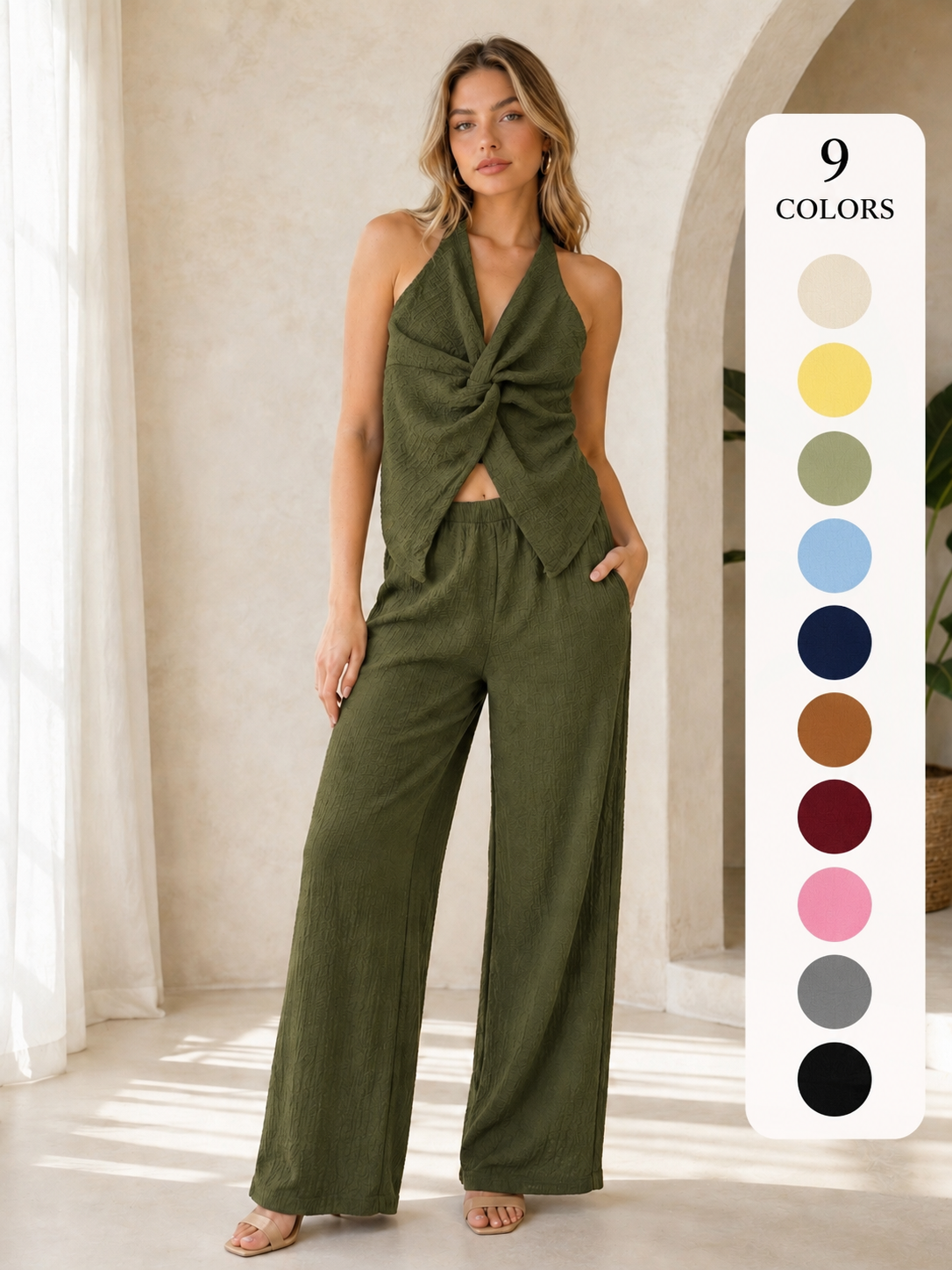 NANA Conjunto Mujer Top Halter Cruzado y Pantalón Palazzo | Elegancia Minimalista Burdeos