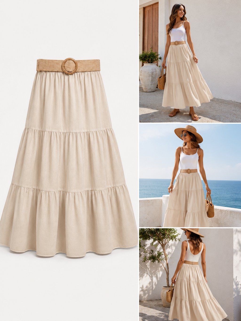 Falda Larga para Mujer con Cinturón de Rafia | Elegante, Fluida y Fresca para Primavera Verano