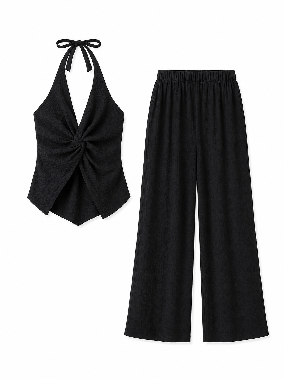 NANA Conjunto Mujer Top Halter Cruzado y Pantalón Palazzo | Elegancia Minimalista Burdeos
