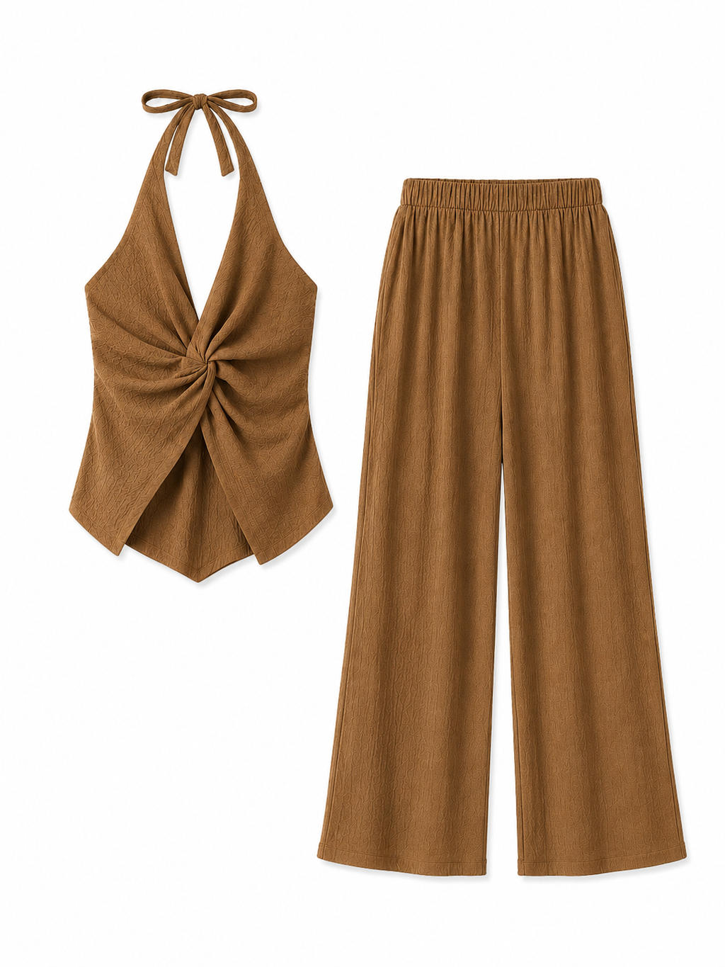 NANA Conjunto Mujer Top Halter Cruzado y Pantalón Palazzo | Elegancia Minimalista Burdeos