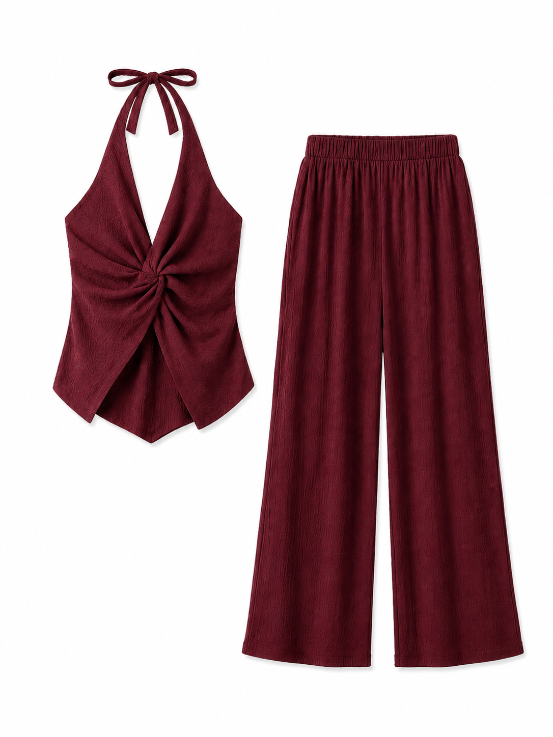 NANA Conjunto Mujer Top Halter Cruzado y Pantalón Palazzo | Elegancia Minimalista Burdeos