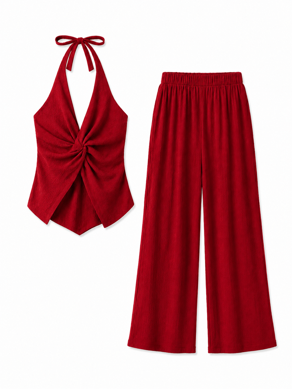 NANA Conjunto Mujer Top Halter Cruzado y Pantalón Palazzo | Elegancia Minimalista Burdeos