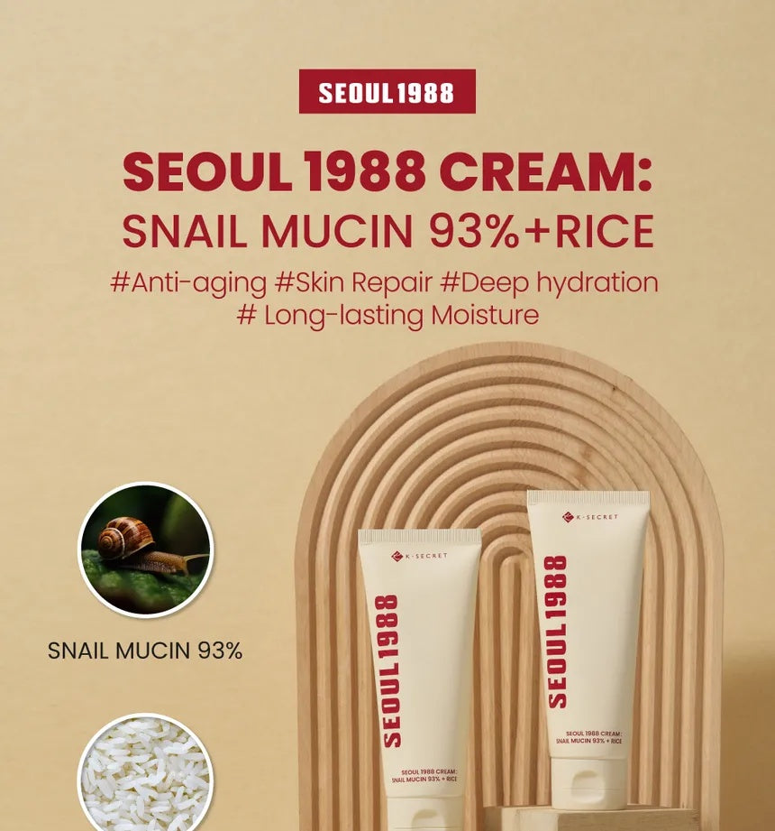 K-SECRET – SEOUL 1988 Crema Facial con 93% Mucina de Caracol + Arroz Fermentado 100ml – Hidratación y Reparación Intensiva