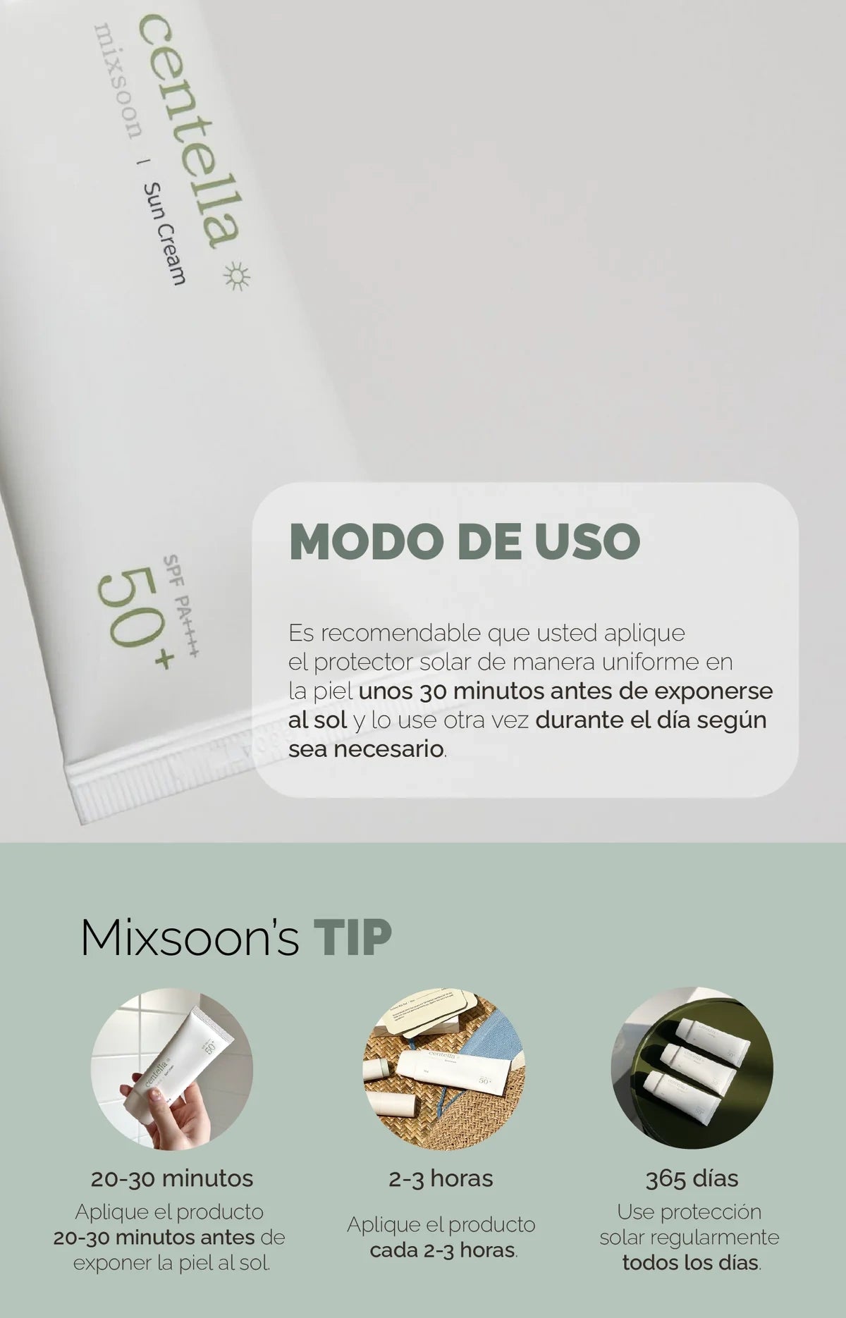 Mixsoon – Crema Solar de Centella SPF50+ PA++++ 50g – Protección Solar Calmante e Hidratante