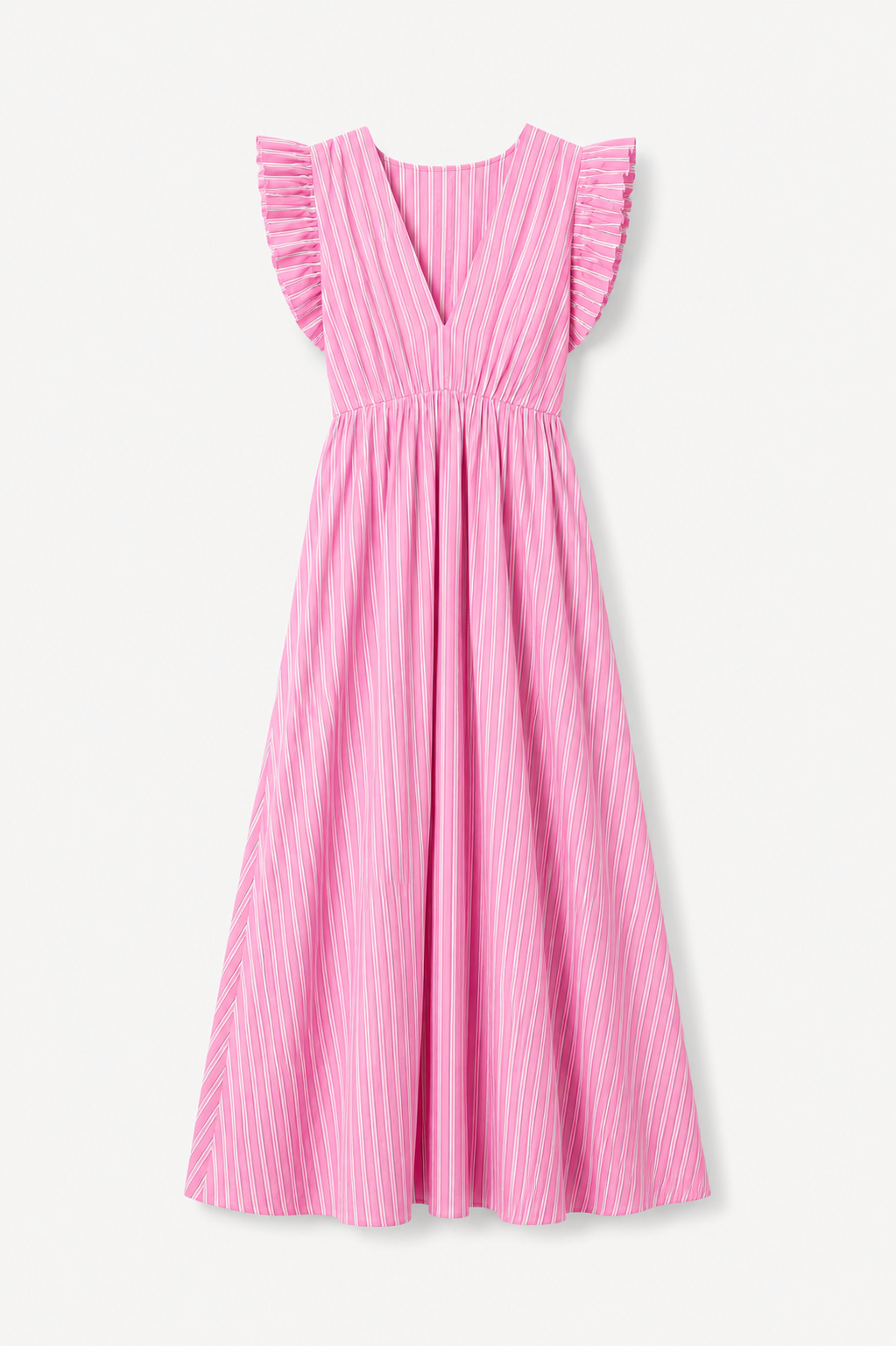 Vestido Largo de Rayas Rosa para Mujer con Volantes | Escote en V, Elegante y Fresco para Verano