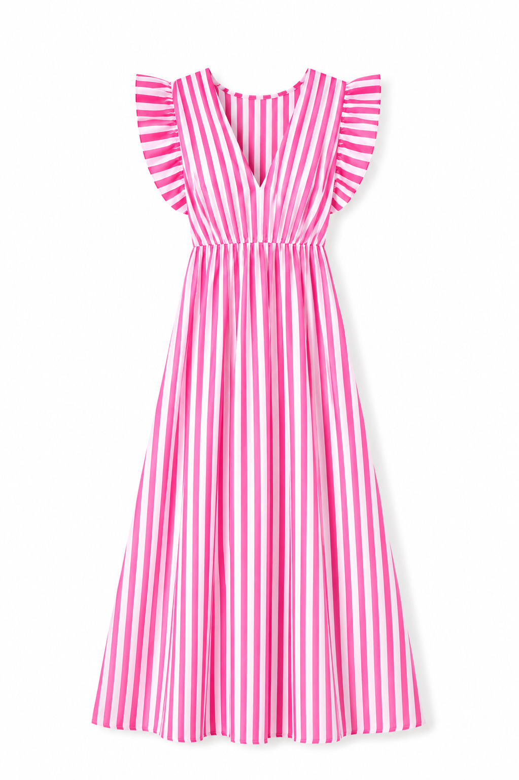 Vestido Largo de Rayas Rosa para Mujer con Volantes | Escote en V, Elegante y Fresco para Verano