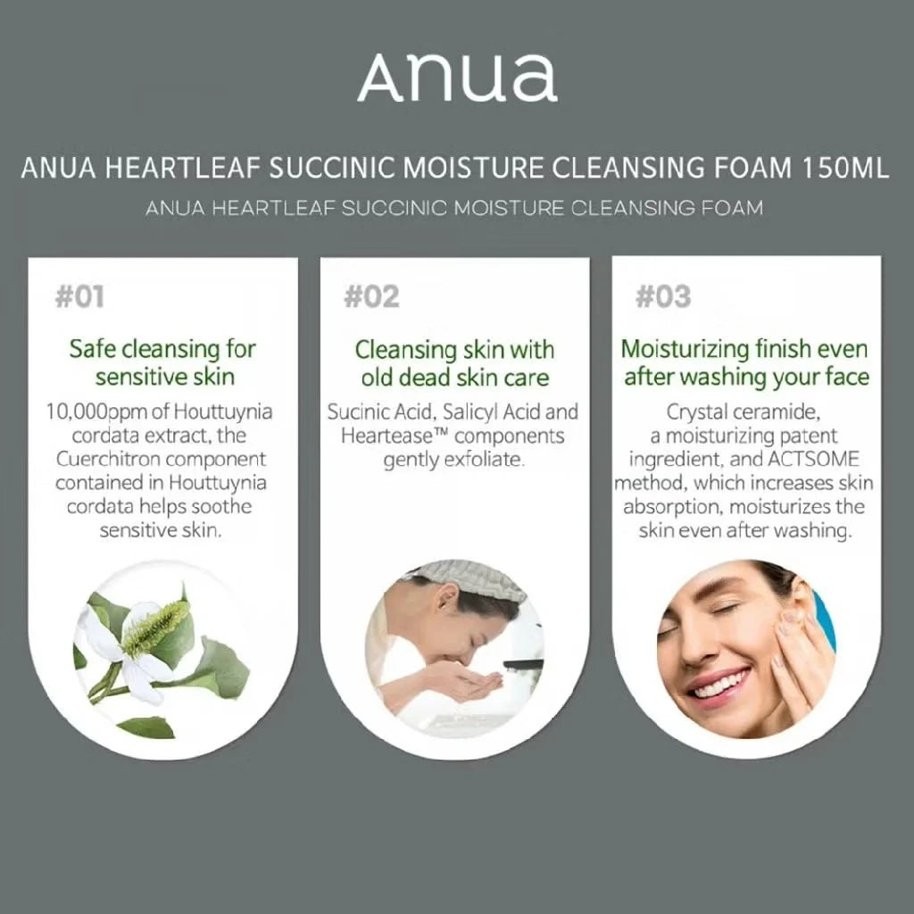 Anua – Limpiador Facial Heartleaf con Ácido Succínico 150ml – Espuma Hidratante y Purificante