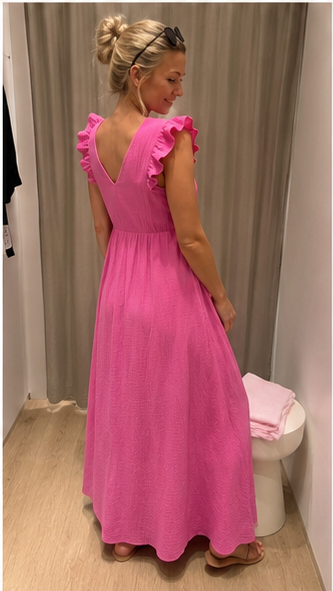 Vestido Largo Fucsia para Mujer con Volantes | Escote en V y Espalda Abierta – Elegante y Fresco para Verano