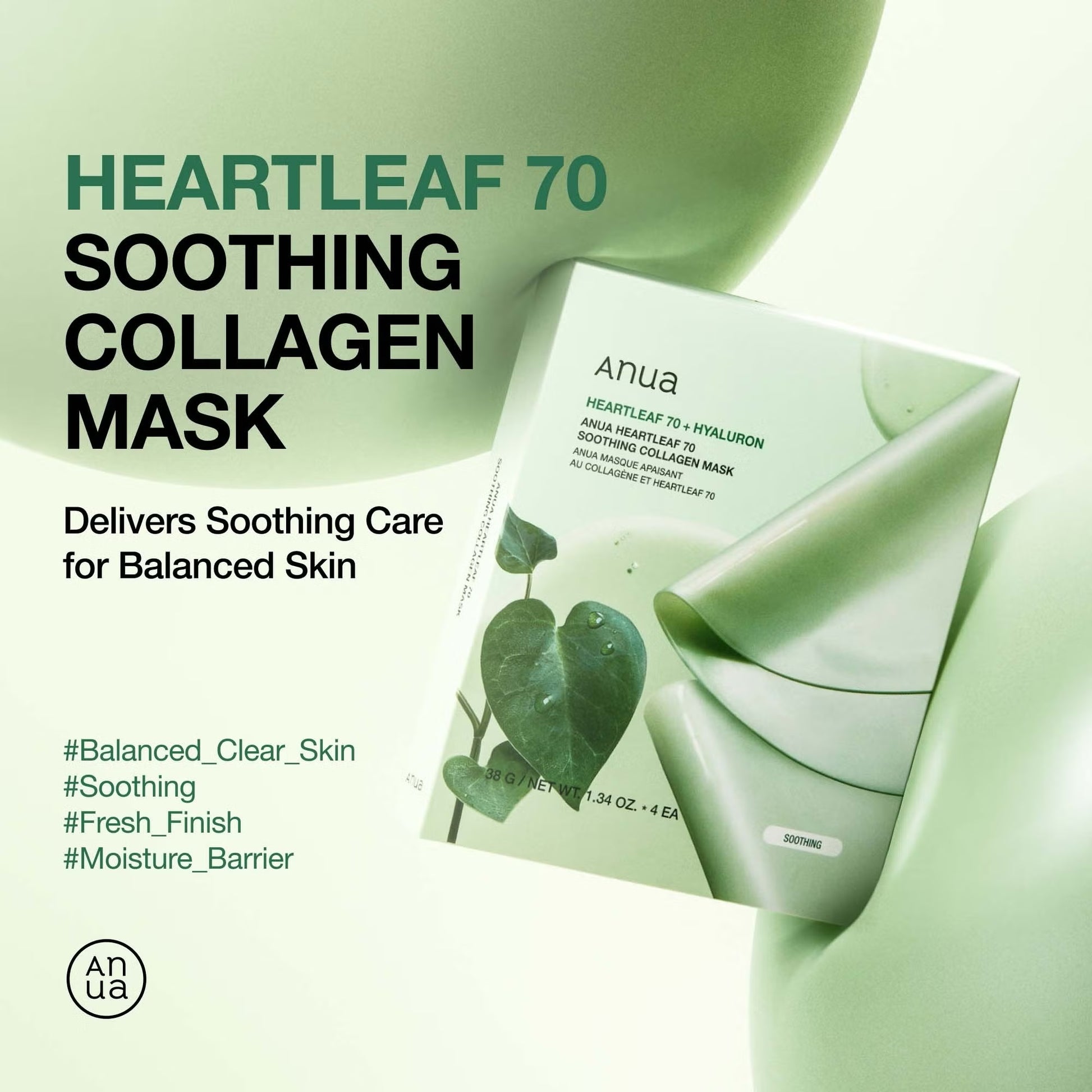ANUA – Mascarilla Calmante con Heartleaf 70% + Colágeno – 4 uds x 38g