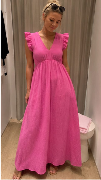 Vestido Largo Fucsia para Mujer con Volantes | Escote en V y Espalda Abierta – Elegante y Fresco para Verano
