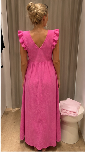 Vestido Largo Fucsia para Mujer con Volantes | Escote en V y Espalda Abierta – Elegante y Fresco para Verano
