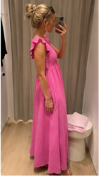 Vestido Largo Fucsia para Mujer con Volantes | Escote en V y Espalda Abierta – Elegante y Fresco para Verano