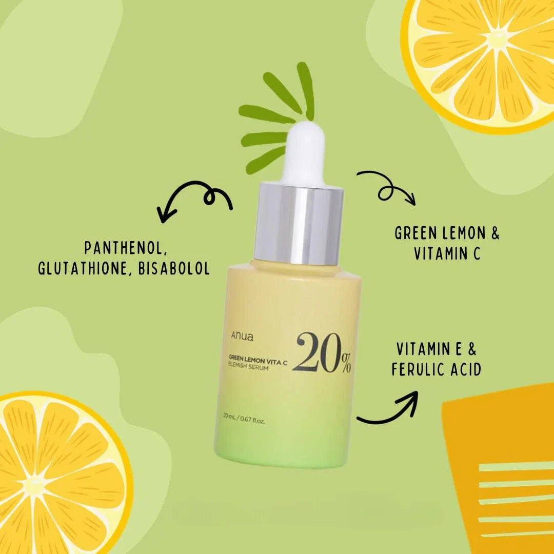 Anua Green Lemon Sérum con Vitamina C, Vitamina E, Ácido Hialurónico y Ferúlico – Iluminador Antioxidante 20ml